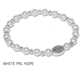 Lung Cancer Awareness bracelet with white glass pearls and sterling silver Hope bead