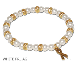 Lung Cancer Awareness bracelet with white glass pearls and antique gold Awareness ribbon