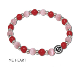 Marriage Equality awareness bracelet by A Different Twist with opaque pink fiber optic beads and red glass beads with lead-free pewter Heart charm and silver plate spacer beads on jeweler’s elastic