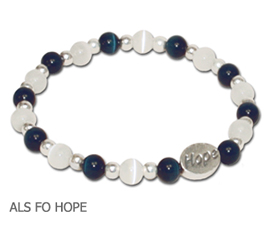 ALS Awareness bracelet with opaque navy blue and white beads and sterling silver Hope bead
