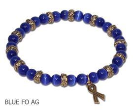 Huntington’s Disease Awareness bracelet with blue beads and antique gold Awareness ribbon