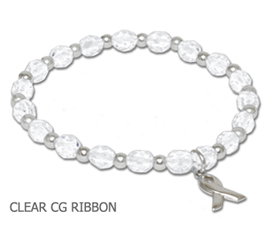 Bone Cancer Awareness bracelet with clear glass beads and sterling silver awareness ribbon