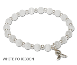 Bone Cancer Awareness bracelet with opaque white fiber optic beads with sterling silver awareness ribbon