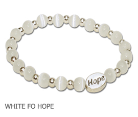 Bone Disease Awareness bracelet with opaque white fiber optic beads with sterling silver Hope bead