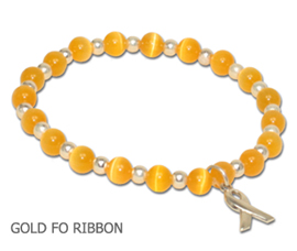 Childhood Cancer awareness bracelet with yellow-gold beads and sterling silver awareness ribbon