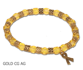 Antique Gold Childhood Cancer Awareness bracelet with faceted gold glass beads and antique gold Awareness ribbon