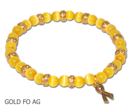 Antique Gold Childhood Cancer Awareness bracelets with yellow-gold fiber optic beads and antique gold Awareness ribbon