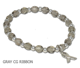 Brain Cancer awareness bracelet with gray Czech glass beads and sterling silver awareness ribbon