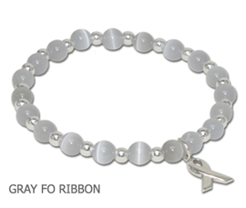Brain Cancer awareness bracelet with gray cat’s eye beads and sterling silver awareness ribbon