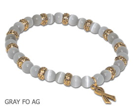 Asthma Awareness bracelet with round gray fiber optic beads and antique gold Awareness ribbon
