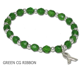 Kidney Cancer awareness bracelet with faceted green glass beads and sterling silver awareness ribbon