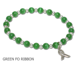 Organ Donation awareness bracelet green fiber optic beads and sterling silver awareness ribbon